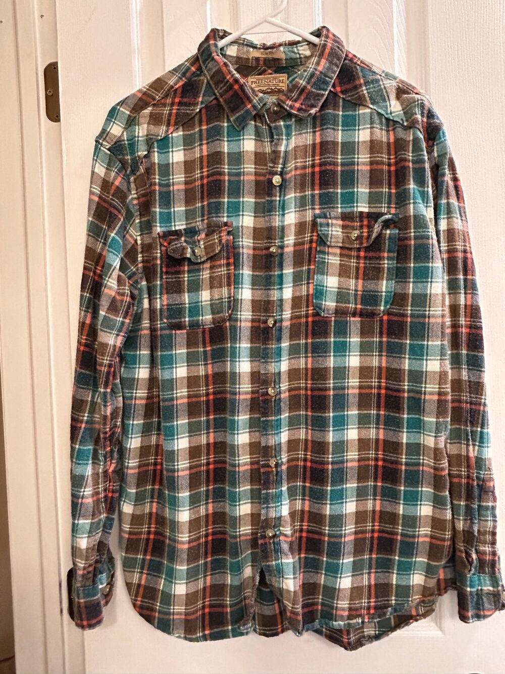 Free Nature Plaid Flannel Shirt Slim Fit Mens L Multicolor Teal Brown Gorpcore